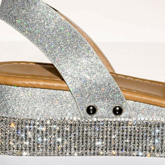 NEW Diamante Rhinestone Glitter Ankle Strap Platform Wedge Heel Sandals Open Toe - Picture 9 of 10